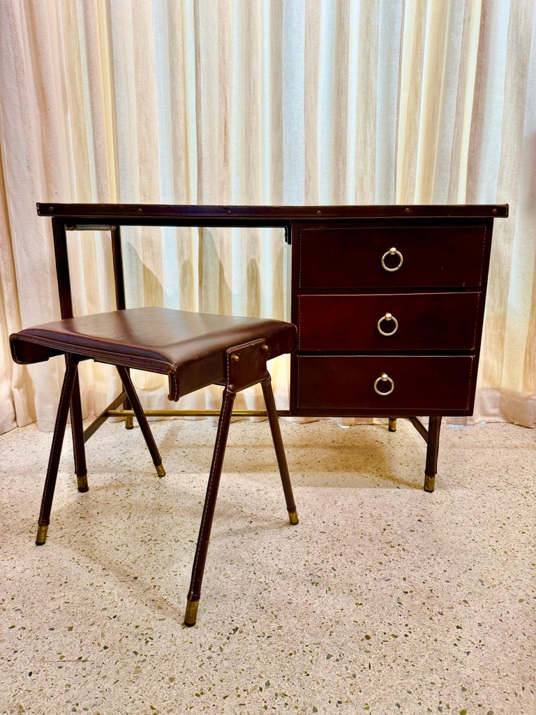 1950's Dark Brown Stitched Leather Desk by Jacques Adnet