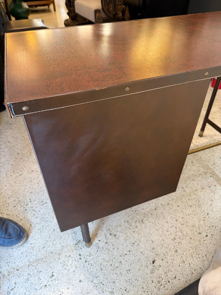 1950's Dark Brown Stitched Leather Desk by Jacques Adnet