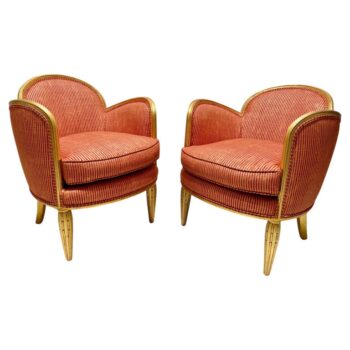 Art Deco Giltwood and Painted Silk Armchairs, Pair