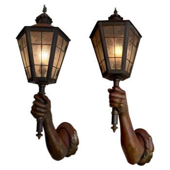 Pair of Venetian Patinated Bronze Arm Wall Mounted Lanterns