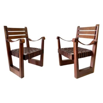 Pair of Architectural French Modernist Oak & Leather Chairs