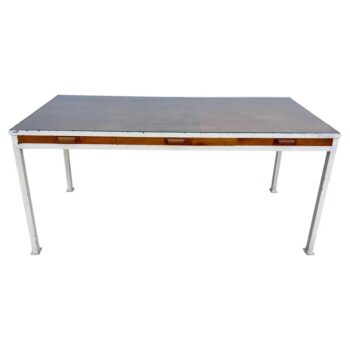 1950's French Modernist 3-Drawer Sleek Oak and Metal Frame Desk