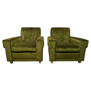 Important Art Deco Club Chairs in Green Mohair & Brass Sabots, Pair