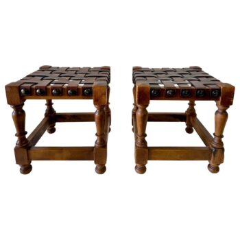 1940's Strap Leather Turned Wood Pair of Tabourets/ Stools, SPAIN