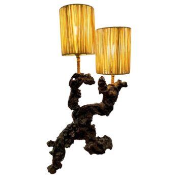 Vintage Portuguese Grape Vine Wood Double Shade Table Lamp, 1960's