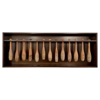 Collection of 13 Early 20th C. Juggling Pins in Wall-Mounted Display Box