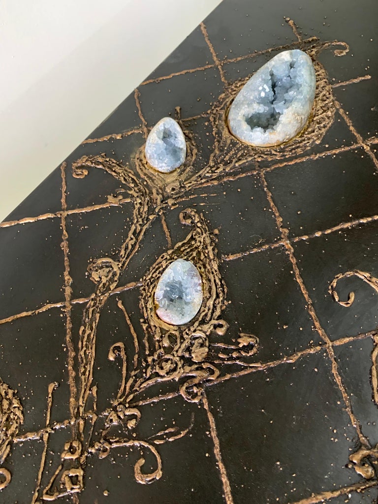 Iron and Bronze Floral Design Natural Celestite Studio Coffee Table