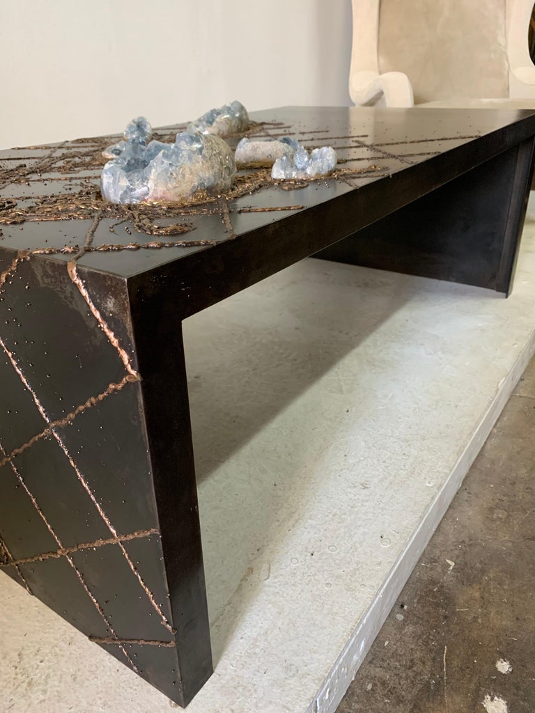 Iron and Bronze Floral Design Natural Celestite Studio Coffee Table