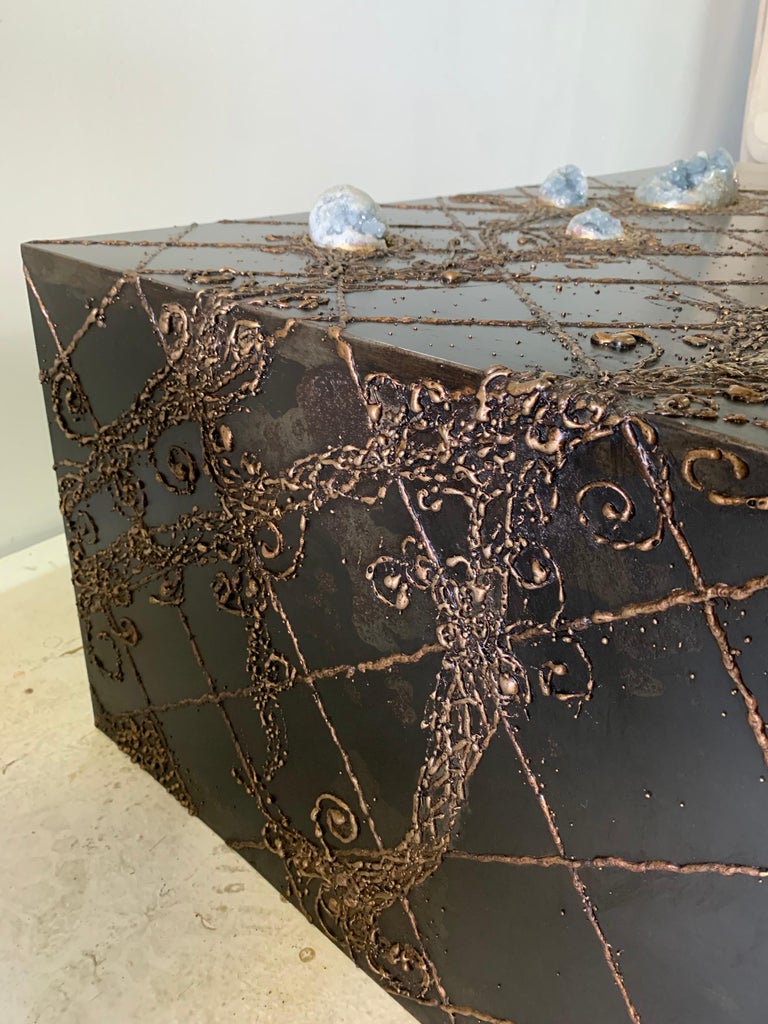 Iron and Bronze Floral Design Natural Celestite Studio Coffee Table