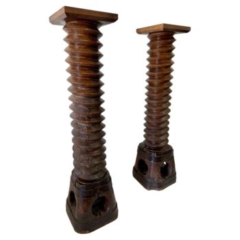 19th C. French Wine Press Corkscrew Columns/ Pedestals - PAIR