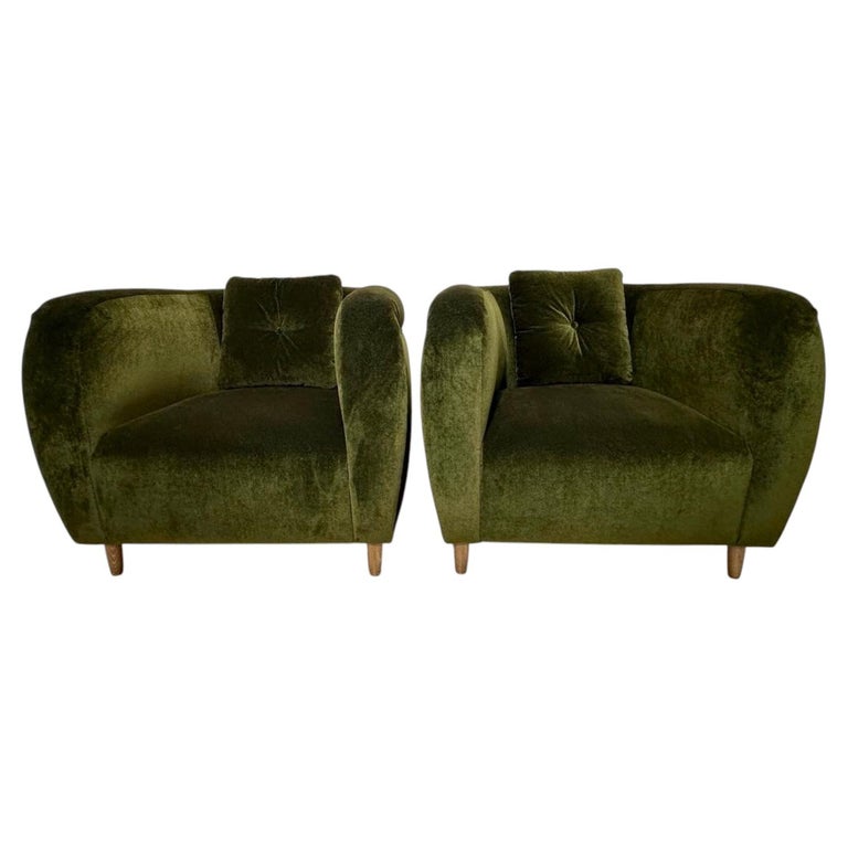 Luxurious Green Mohair French Armchairs, PAIR
