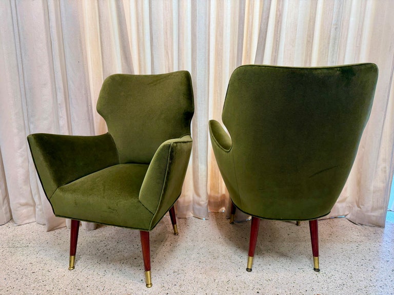 Italian Mid-Century Green Velvet Mohair Armchairs, PAIR