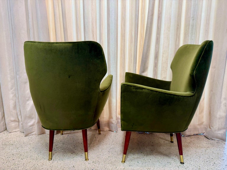 Italian Mid-Century Green Velvet Mohair Armchairs, PAIR