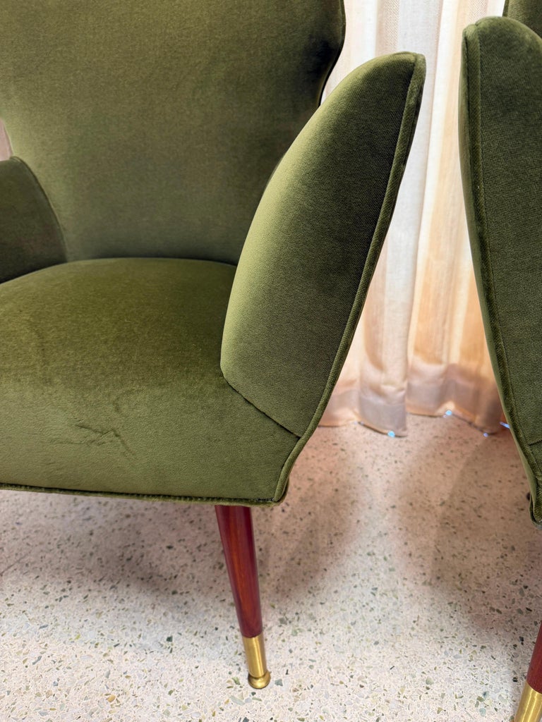 Italian Mid-Century Green Velvet Mohair Armchairs, PAIR