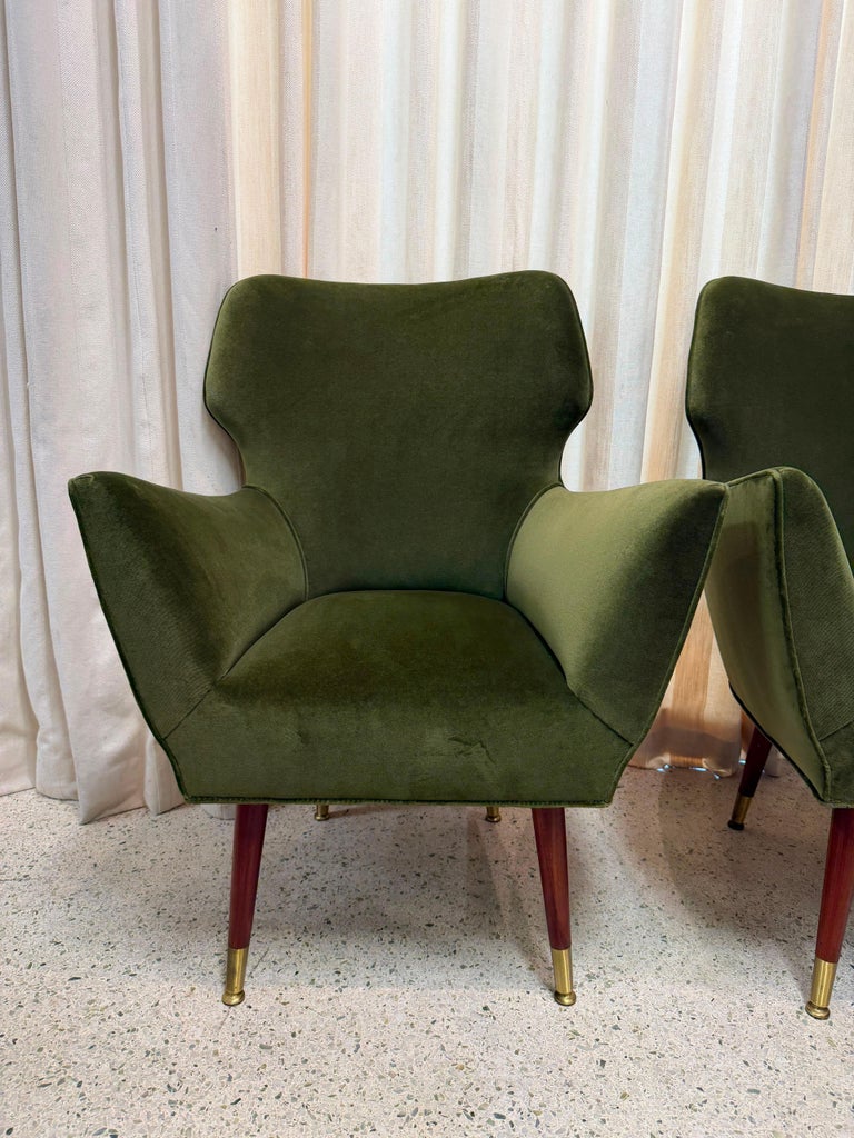 Italian Mid-Century Green Velvet Mohair Armchairs, PAIR